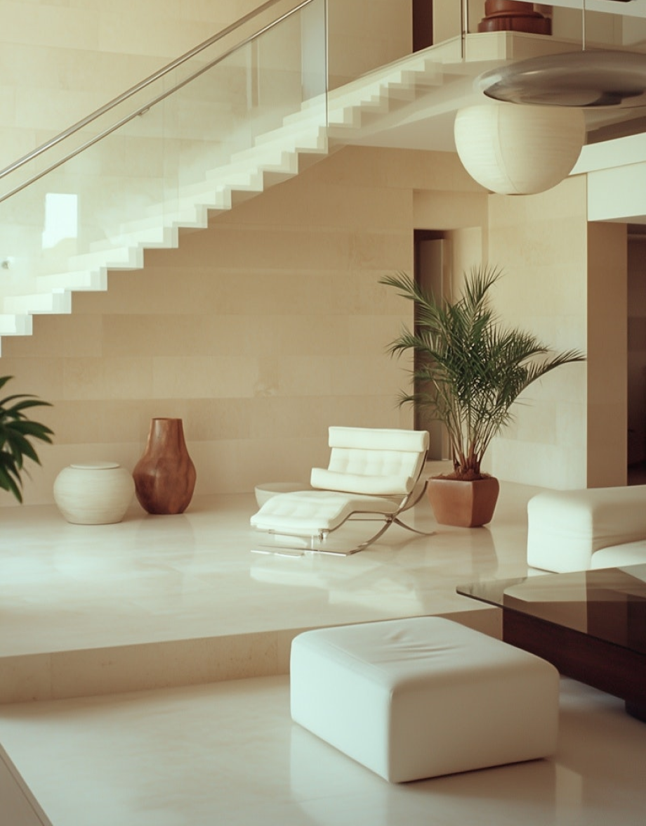 A living room with white furniture and a staircase.