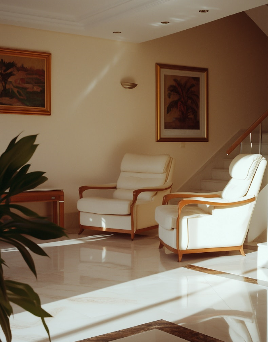 A living room with two chairs and a plant.