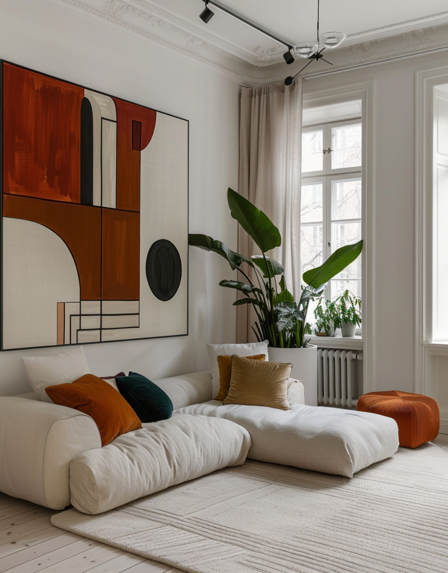 A living room with a large painting on the wall.