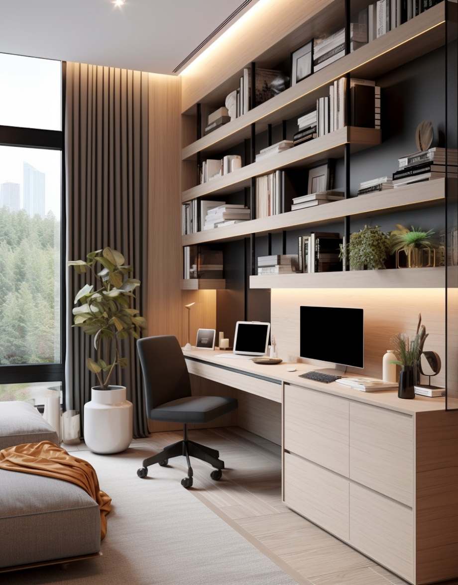 A room with a bed, desk, chair, bookshelf and a window.