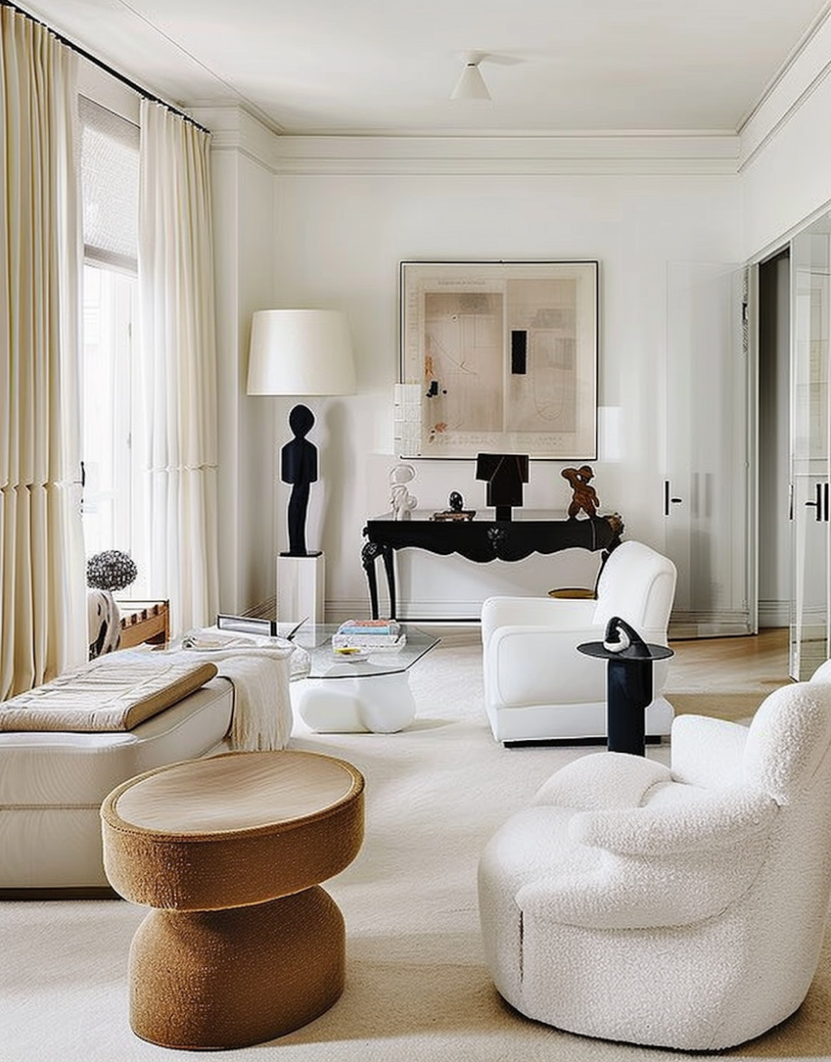 A living room filled with white furniture and a painting on the wall.