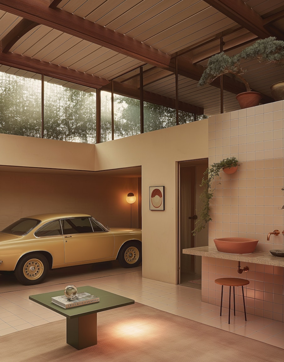 A car is parked in a large room.