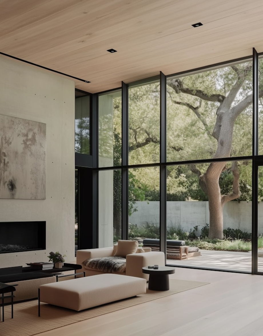 A living room filled with furniture and large windows.