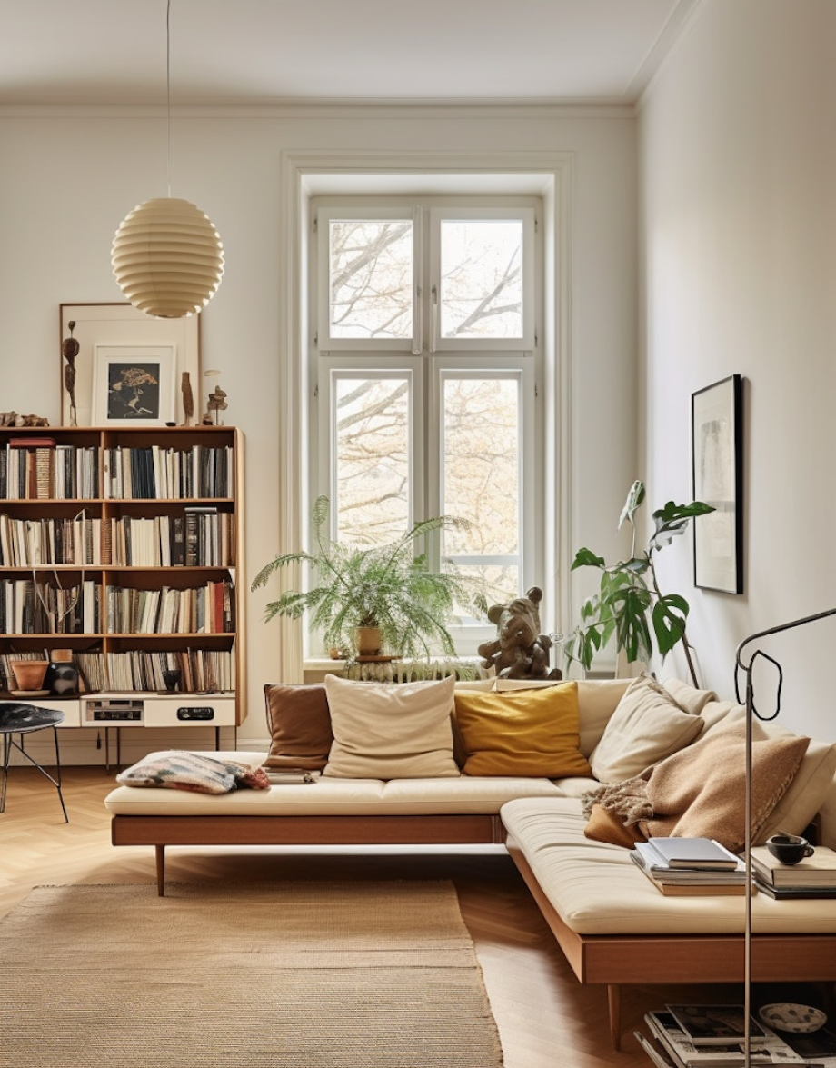 A living room filled with furniture and a large window.
